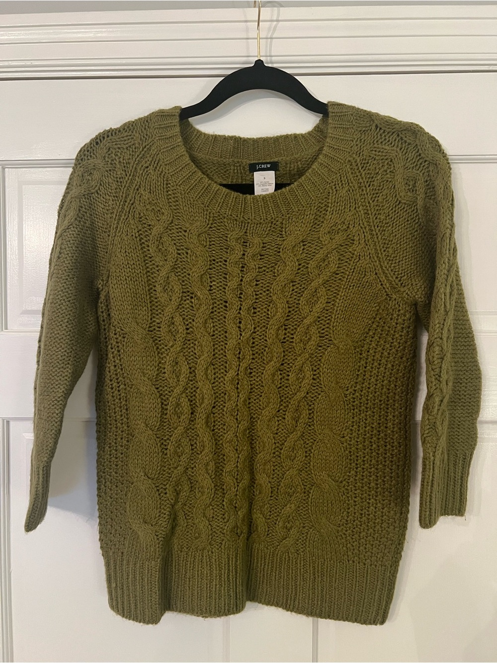 J. Crew Olive Green Cable-Knit Crewneck Sweater 3/4 sleeve